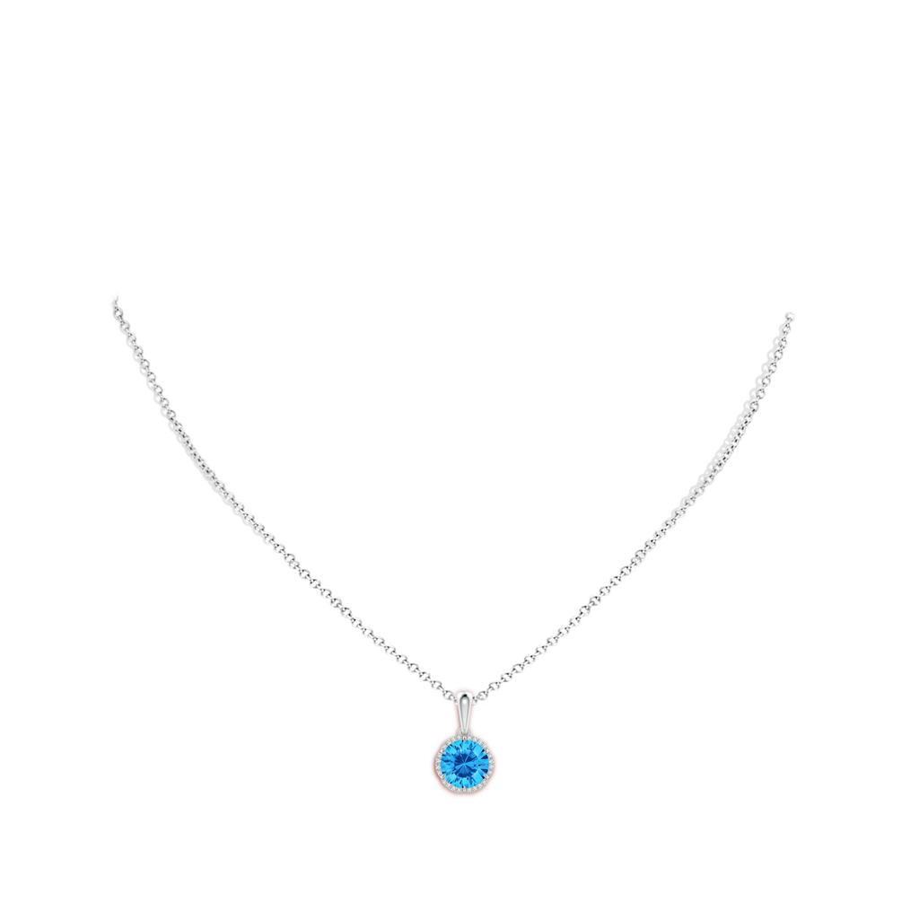 8mm AAAA Round Swiss Blue Topaz Floral Halo Pendant in White Gold Body-Neck