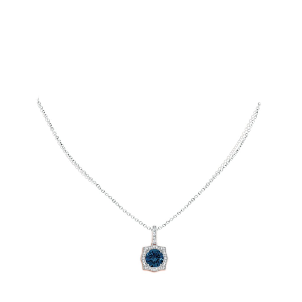8mm AAAA Vintage Inspired Round London Blue Topaz Halo Pendant in White Gold Body-Neck