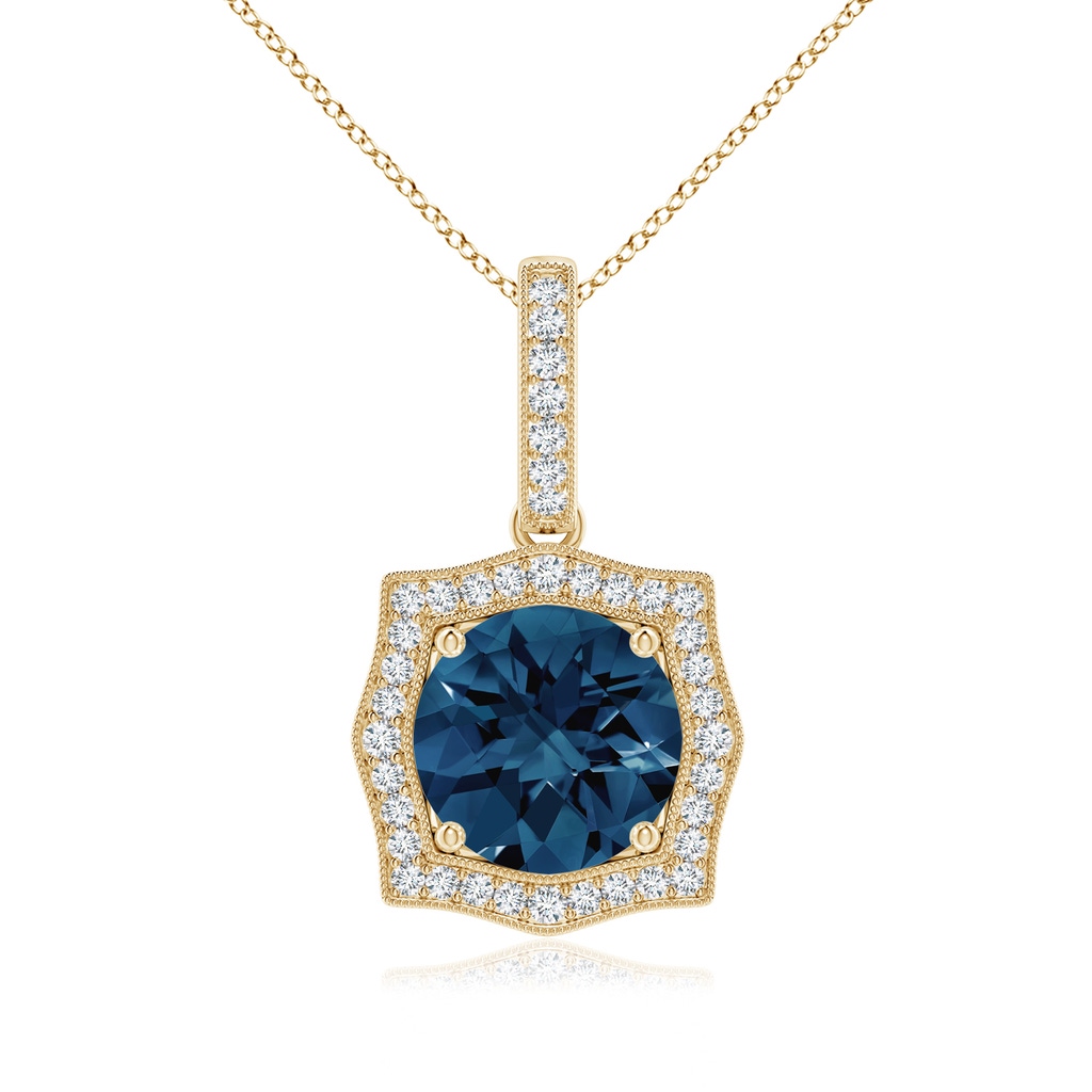 8mm AAAA Vintage Inspired Round London Blue Topaz Halo Pendant in Yellow Gold