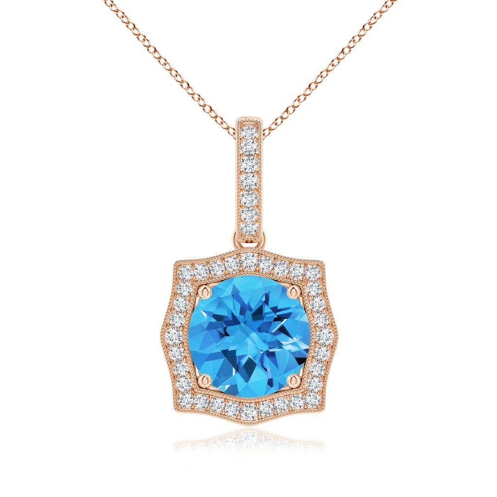 8mm AAAA Vintage Inspired Round Swiss Blue Topaz Halo Pendant in Rose Gold