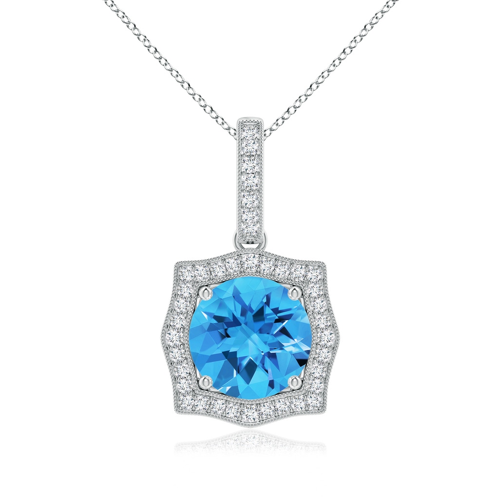 8mm AAAA Vintage Inspired Round Swiss Blue Topaz Halo Pendant in White Gold