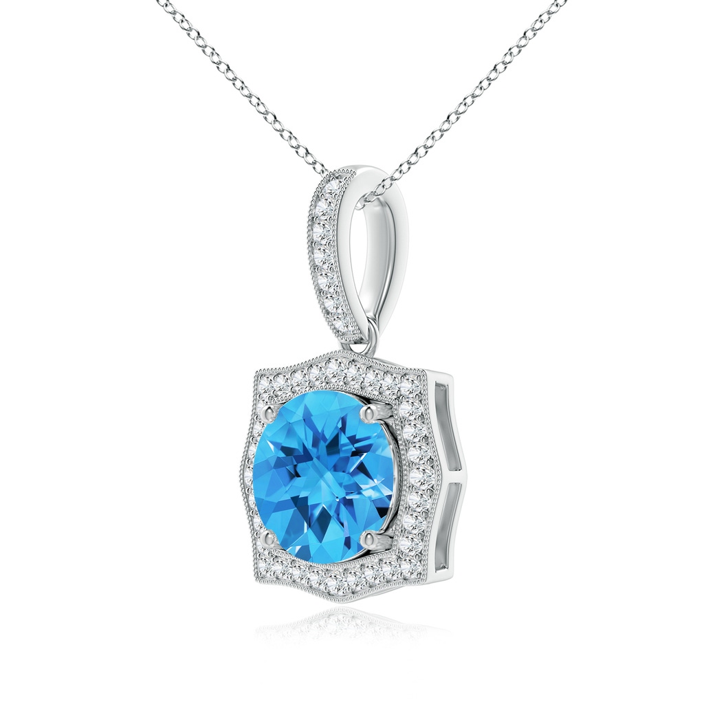 8mm AAAA Vintage Inspired Round Swiss Blue Topaz Halo Pendant in White Gold Side-2