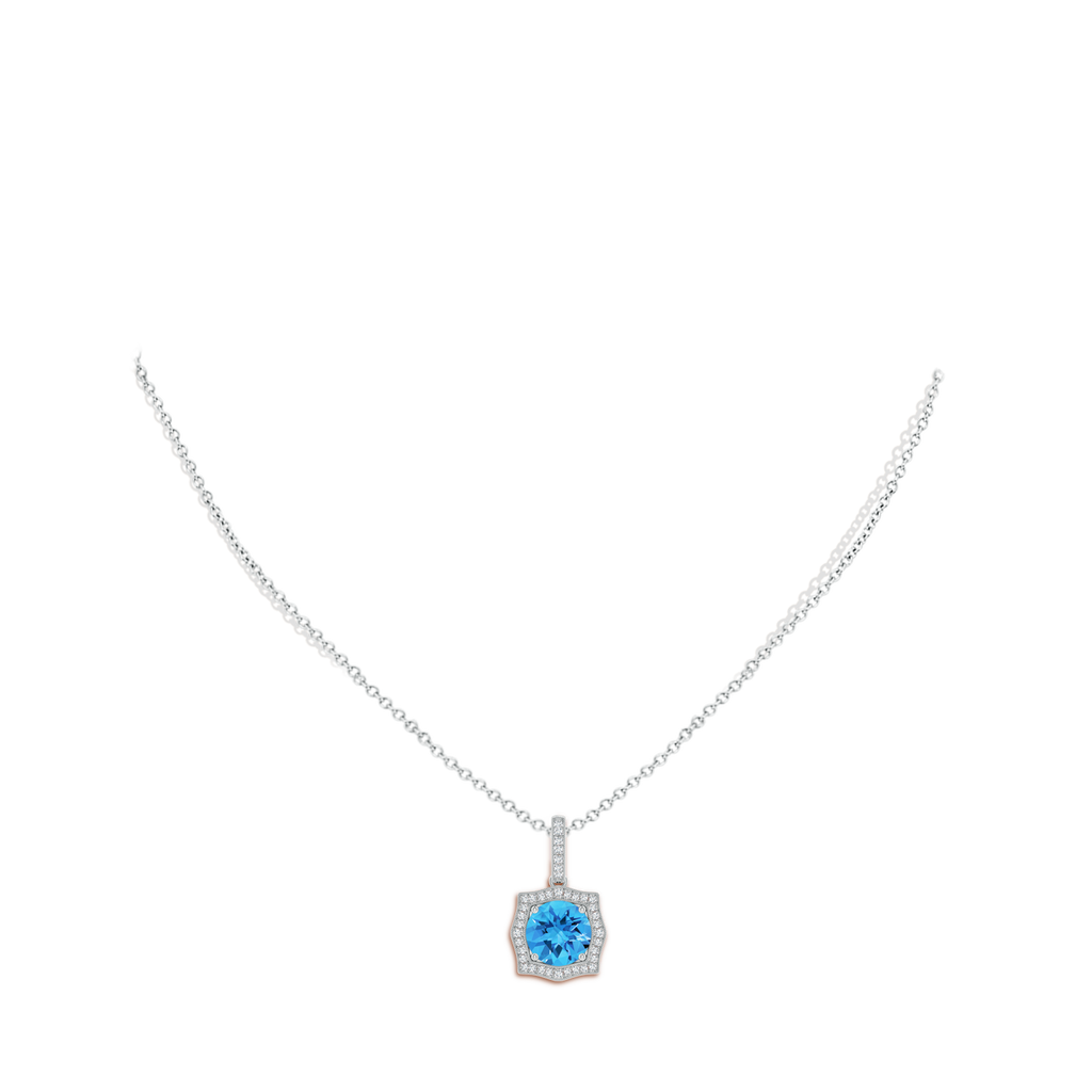 8mm AAAA Vintage Inspired Round Swiss Blue Topaz Halo Pendant in White Gold Body-Neck