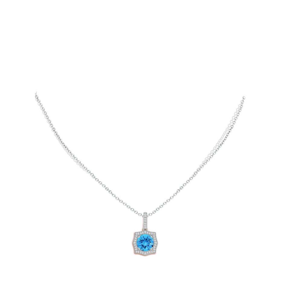 8mm AAAA Vintage Inspired Round Swiss Blue Topaz Halo Pendant in White Gold Body-Neck