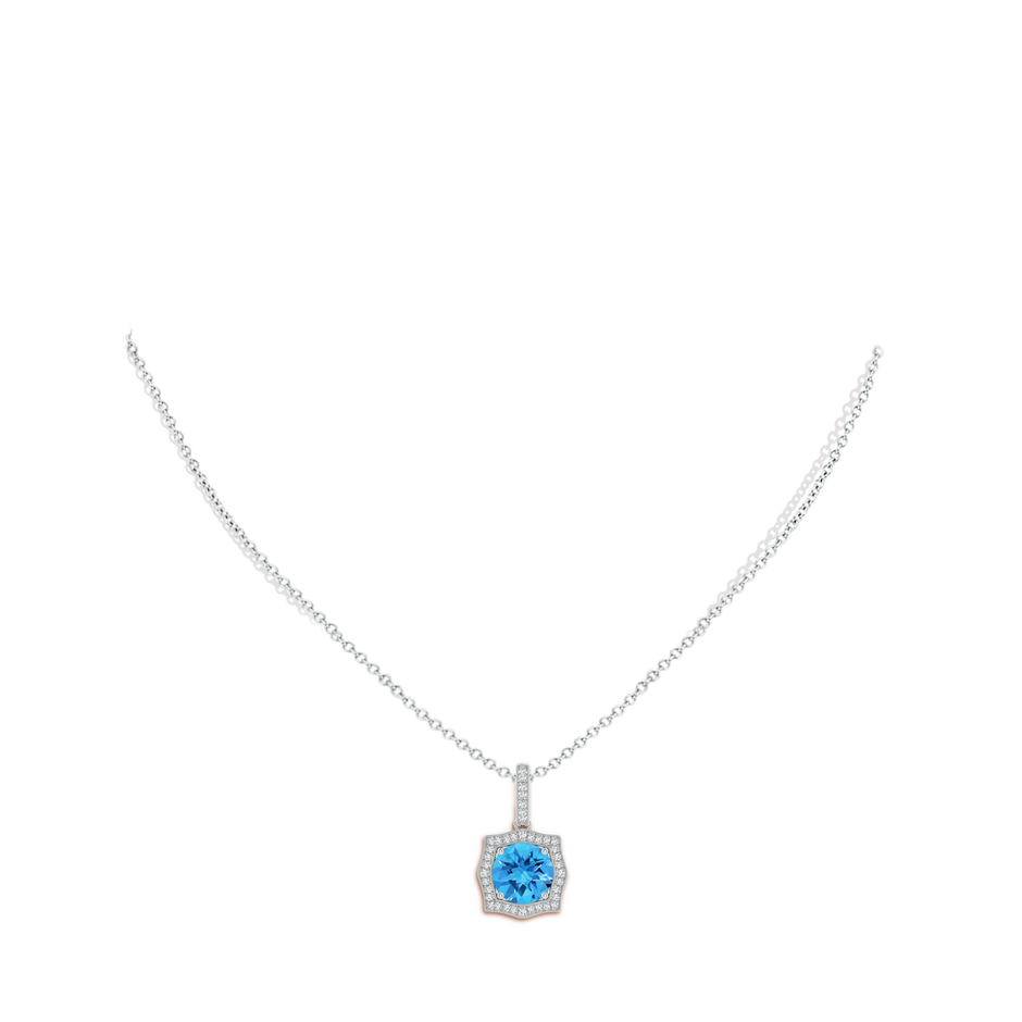 8mm AAAA Vintage Inspired Round Swiss Blue Topaz Halo Pendant in White Gold body-neck