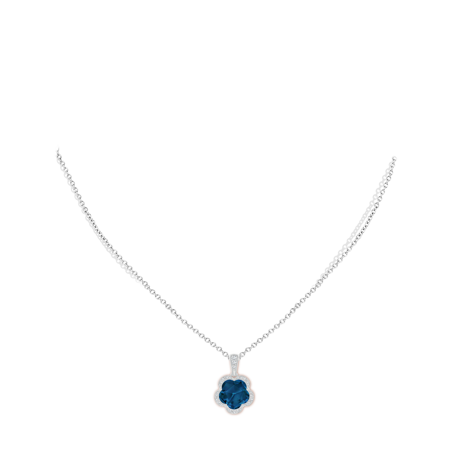 10mm AAAA Five-Petal Flower London Blue Topaz Backset Halo Pendant in White Gold body-neck