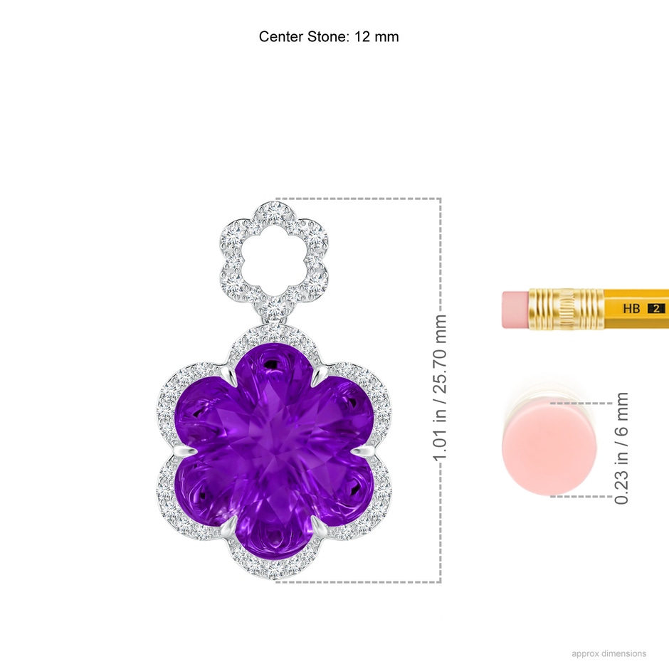 12mm AAAA Six-Petal Amethyst Flower Halo Dangle Pendant in White Gold ruler