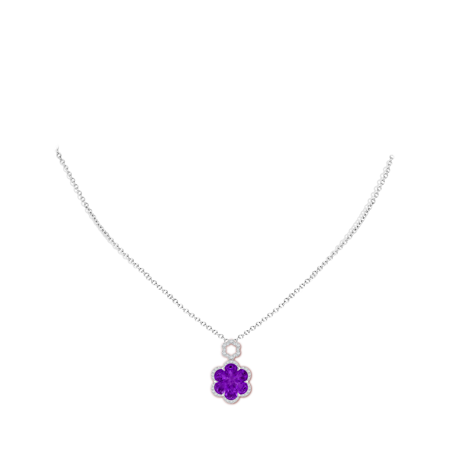 12mm AAAA Six-Petal Amethyst Flower Halo Dangle Pendant in White Gold body-neck