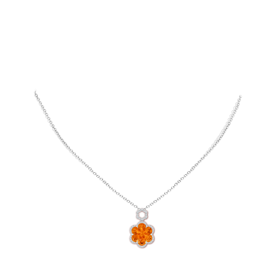 12mm AAAA Six-Petal Citrine Flower Halo Dangle Pendant in White Gold body-neck