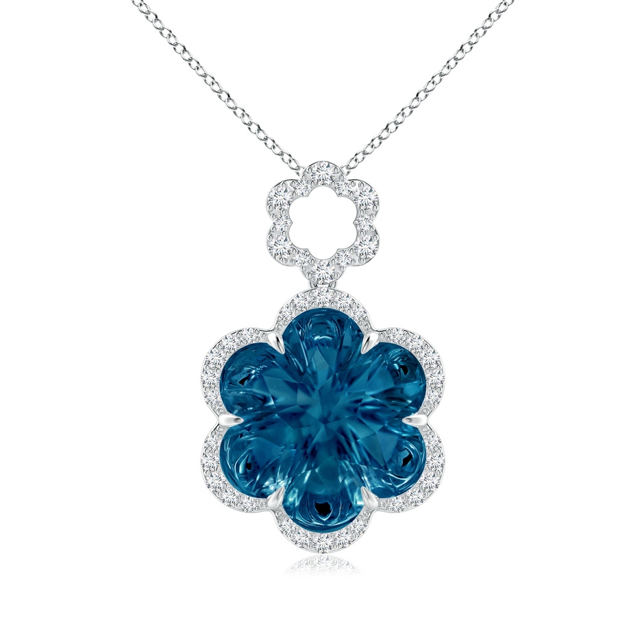 12mm AAAA Six-Petal London Blue Topaz Flower Halo Dangle Pendant in White Gold 