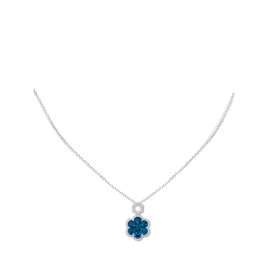 12mm AAAA Six-Petal London Blue Topaz Flower Halo Dangle Pendant in White Gold body-neck