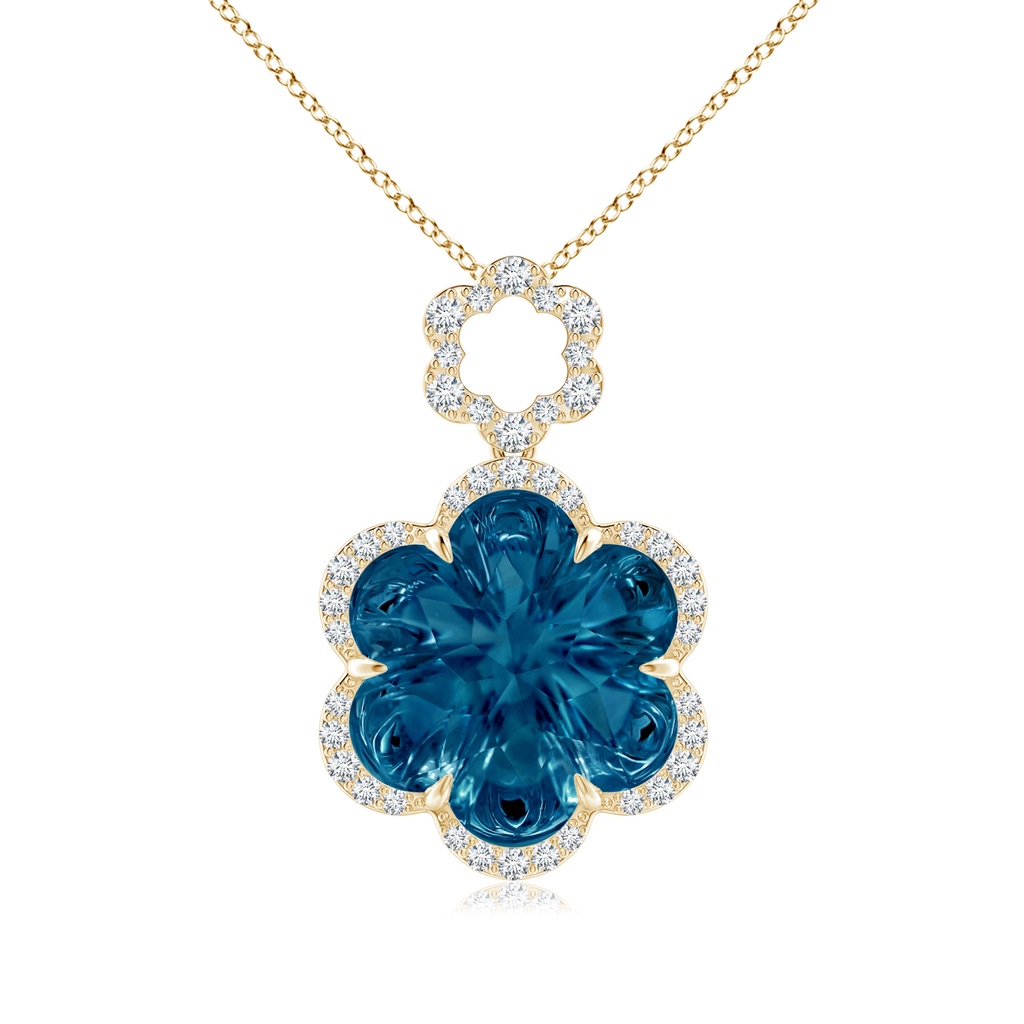 12mm AAAA Six-Petal London Blue Topaz Flower Halo Dangle Pendant in Yellow Gold