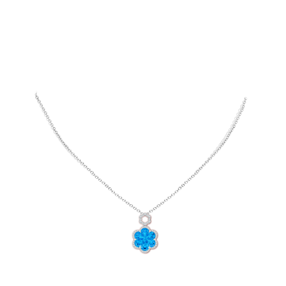 12mm AAAA Six-Petal Swiss Blue Topaz Flower Halo Dangle Pendant in White Gold body-neck