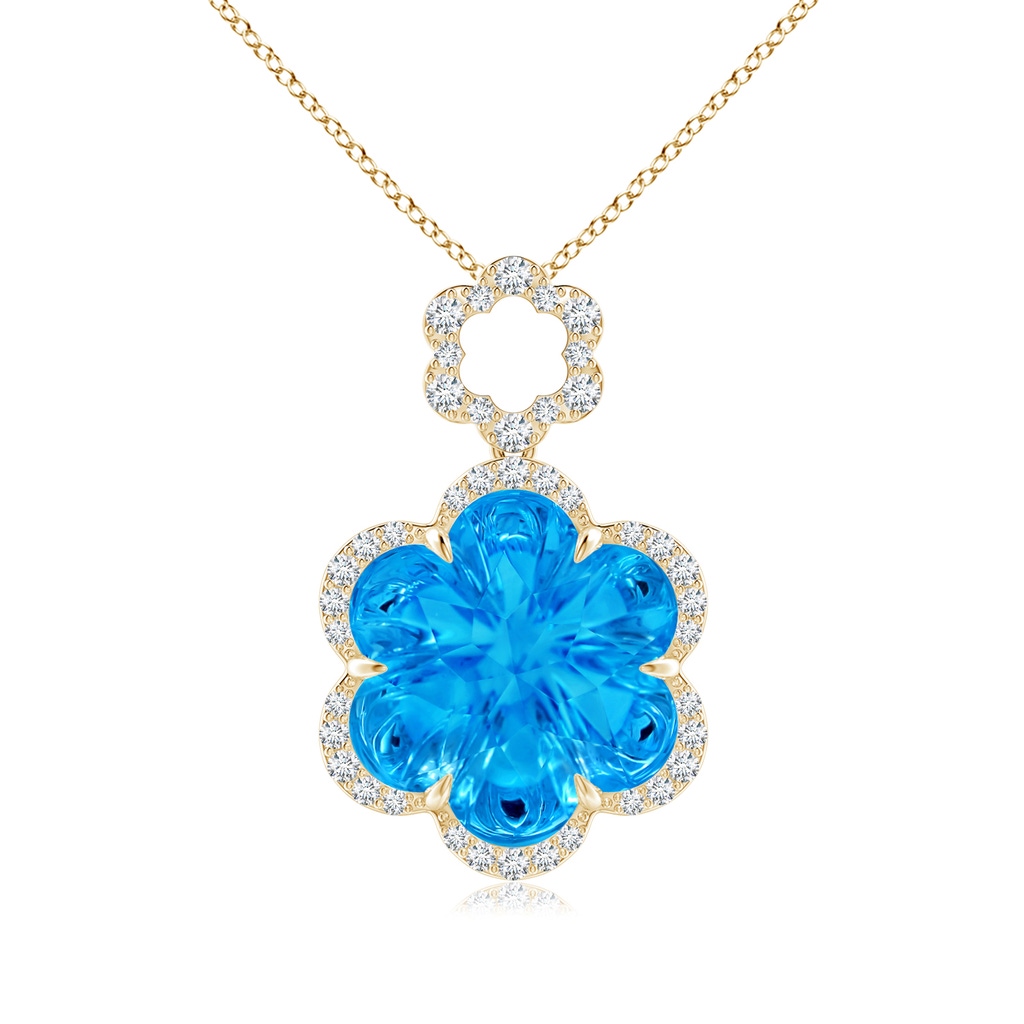 12mm AAAA Six-Petal Swiss Blue Topaz Flower Halo Dangle Pendant in Yellow Gold