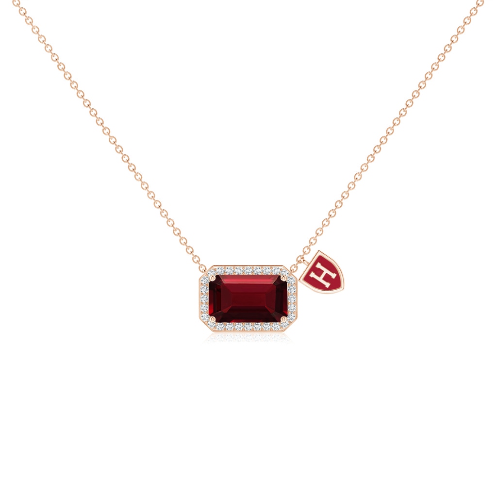 10x6mm AAA Emerald-Cut Garnet Halo Pendant with Harvard Insignia Charm in Rose Gold