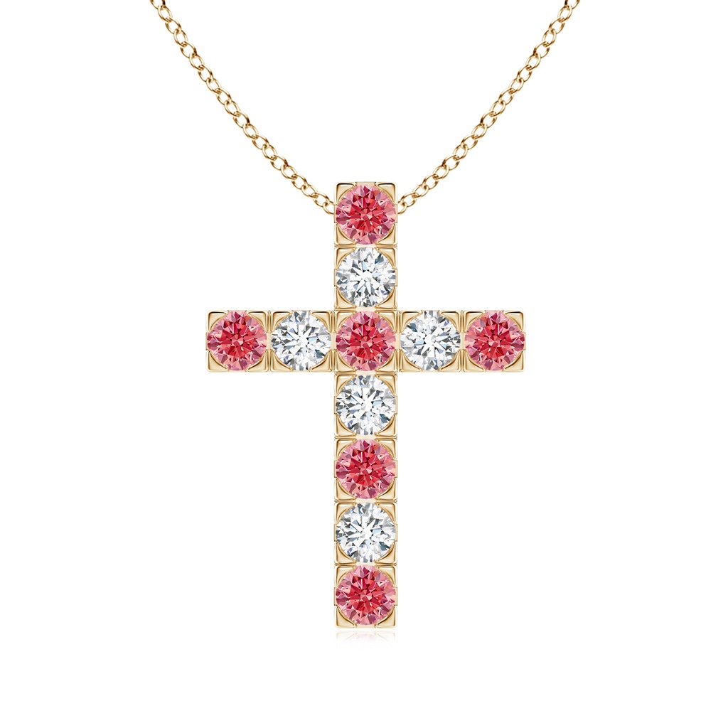 3mm Labgrown Flat Prong-Set Lab-Grown Fancy Intense Pink Diamond Cross Pendant in Yellow Gold