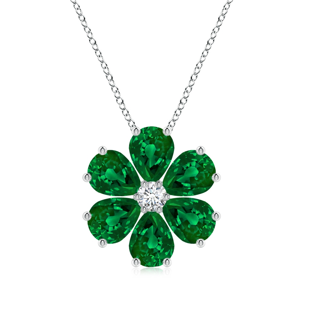 8x6mm Labgrown Pear Lab-Grown Emerald Flower Clustre Pendant with Diamond in White Gold