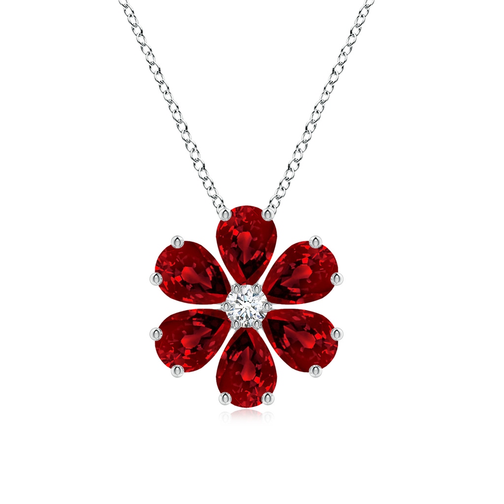 7x5mm Labgrown Pear Lab-Grown Ruby Flower Clustre Pendant with Diamond in 18K White Gold