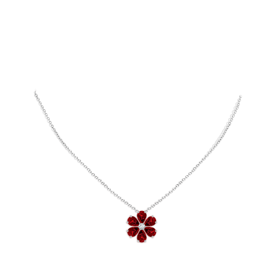 7x5mm Labgrown Pear Lab-Grown Ruby Flower Cluster Pendant with Diamond in 18K White Gold pen