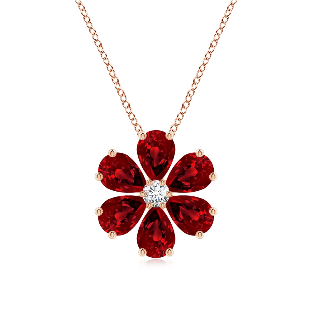 7x5mm Labgrown Pear Lab-Grown Ruby Flower Clustre Pendant with Diamond in Rose Gold