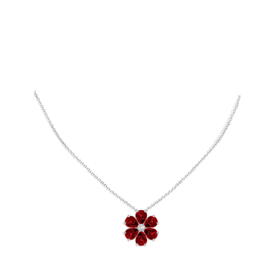 8x6mm Labgrown Pear Lab-Grown Ruby Flower Clustre Pendant with Diamond in White Gold pen