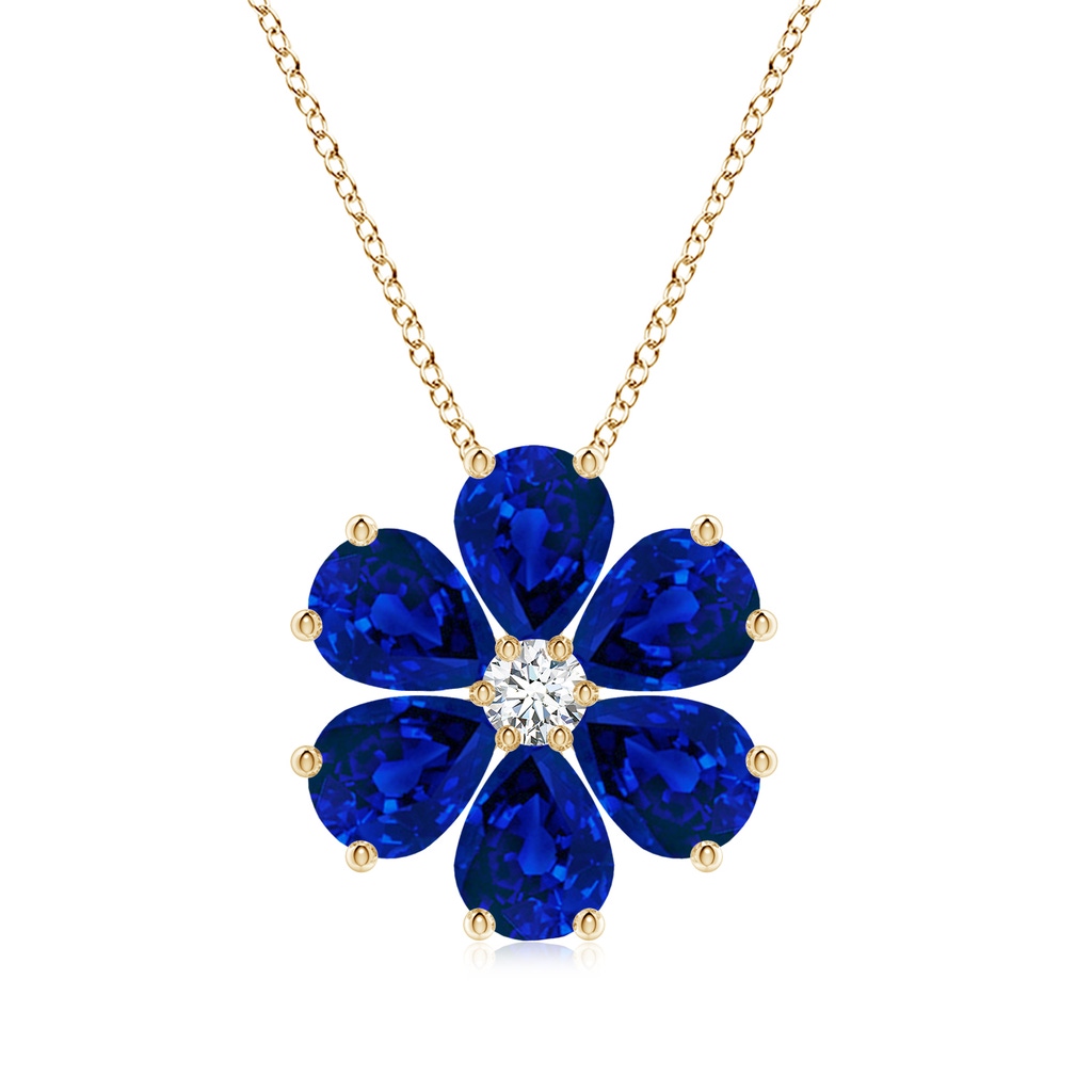 8x6mm Labgrown Pear Lab-Grown Blue Sapphire Flower Cluster Pendant with Diamond in Yellow Gold