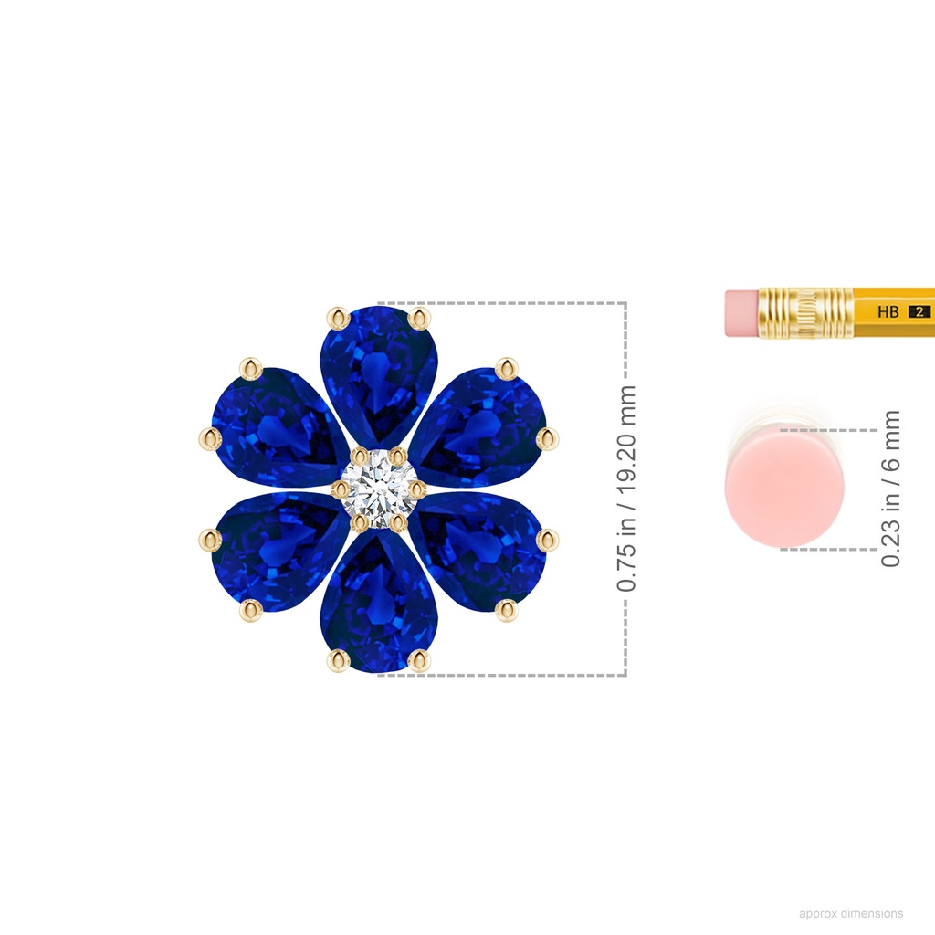 8x6mm Labgrown Pear Lab-Grown Blue Sapphire Flower Clustre Pendant with Diamond in Yellow Gold ruler