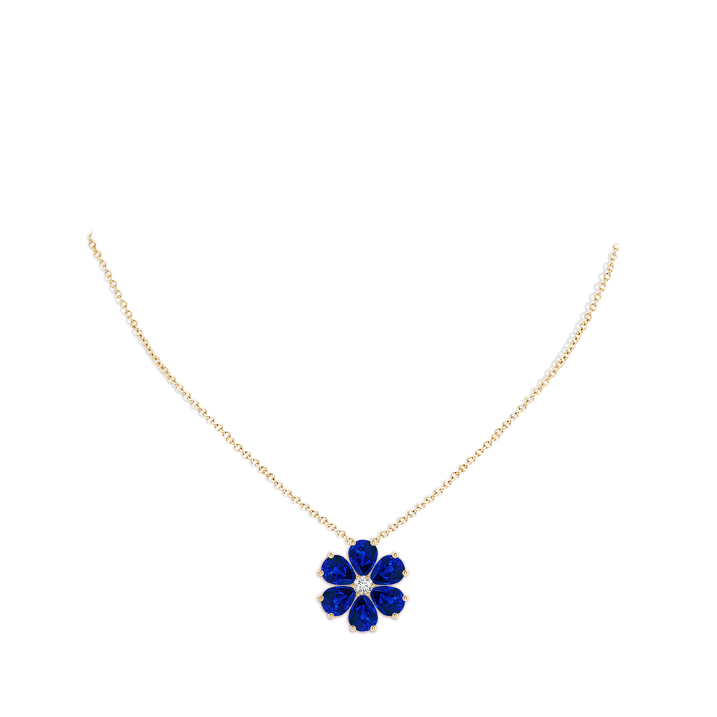 8x6mm Labgrown Pear Lab-Grown Blue Sapphire Flower Cluster Pendant with Diamond in Yellow Gold pen