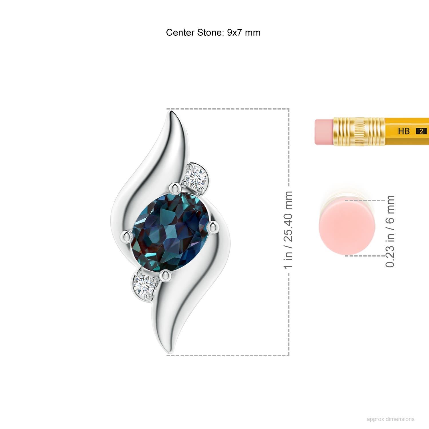 9x7mm Labgrown Shell Style Oval Lab-Grown Alexandrite and Diamond Pendant in White Gold - ruler