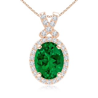 10x8mm Labgrown Lab-Grown Vintage Style Emerald Pendant with Lab Diamond Halo in 9K Rose Gold