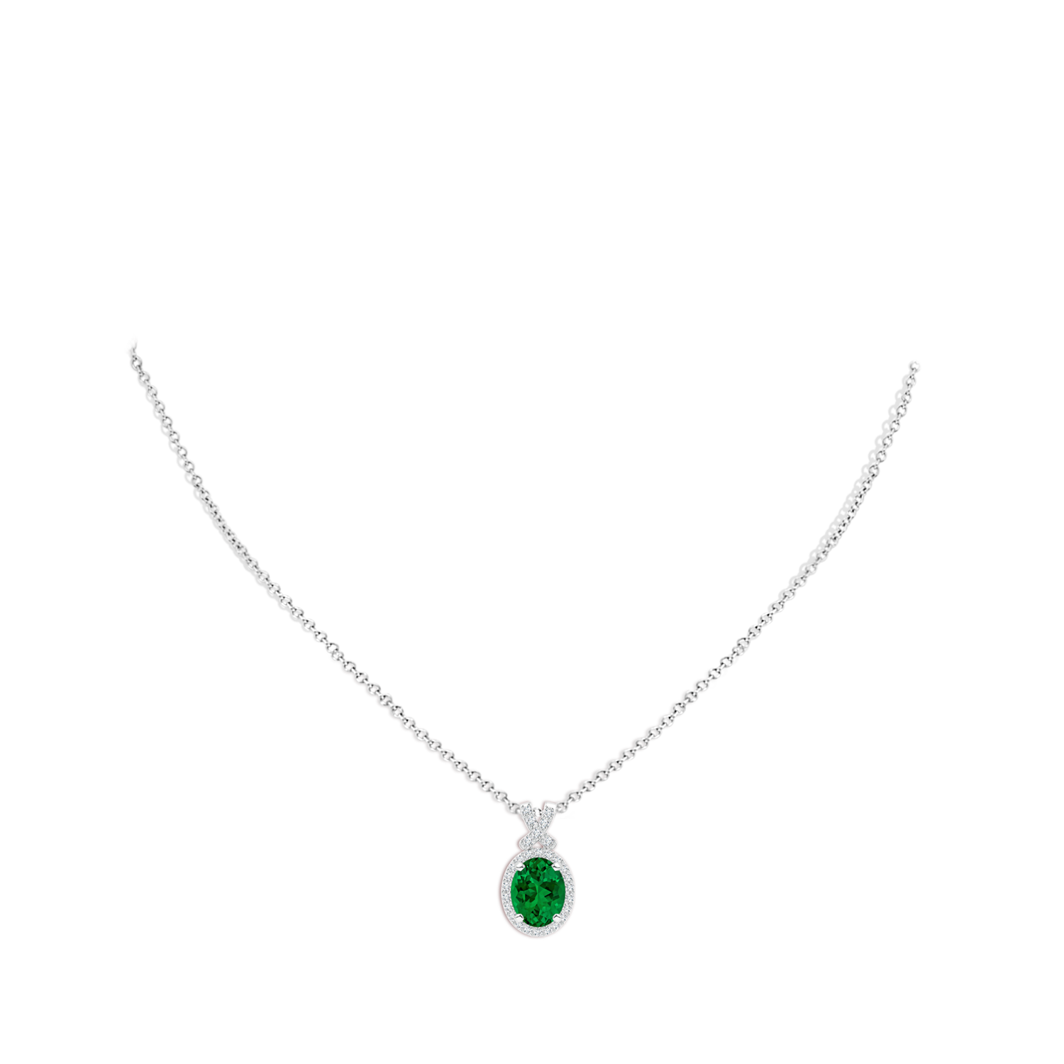 10x8mm Labgrown Lab-Grown Vintage Style Emerald Pendant with Lab Diamond Halo in White Gold - body_neck