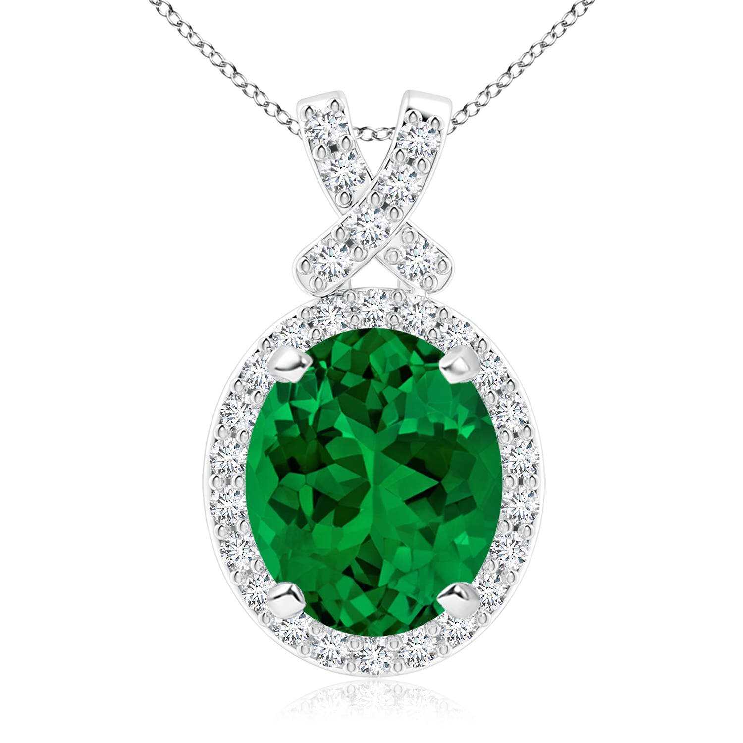 12x10mm Labgrown Lab-Grown Vintage Style Emerald Pendant with Lab Diamond Halo in White Gold
