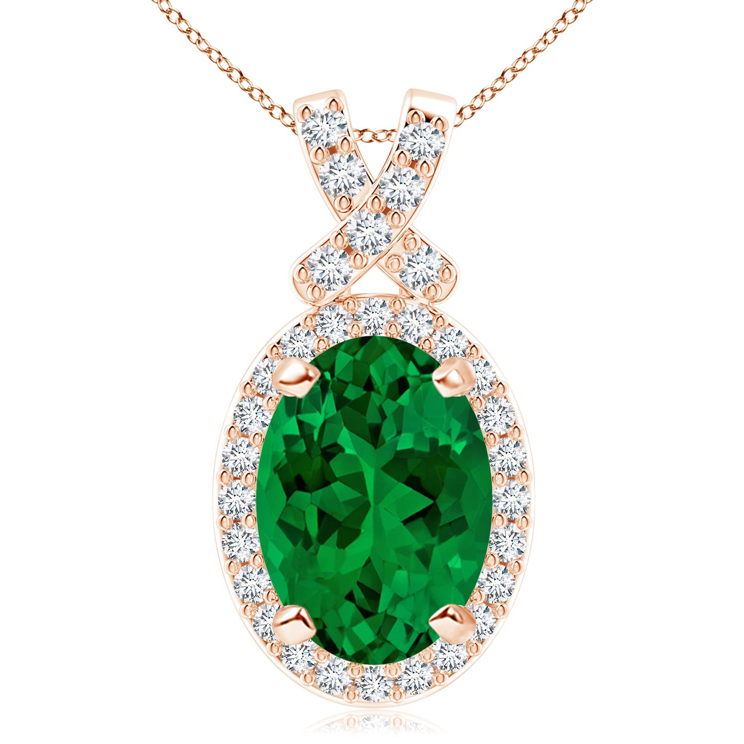 14x10mm Labgrown Lab-Grown Vintage Style Emerald Pendant with Lab Diamond Halo in Rose Gold