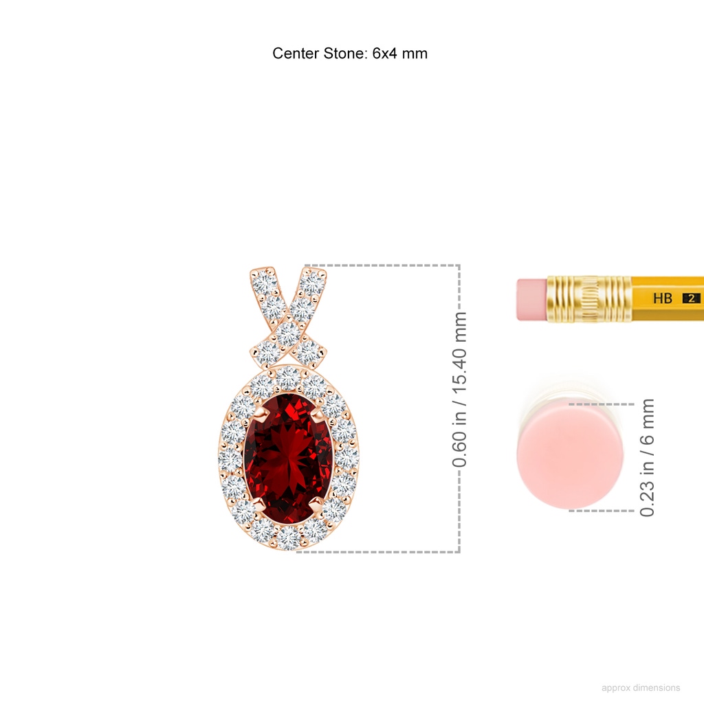 6x4mm Labgrown Lab-Grown Vintage Style Ruby Pendant with Diamond Halo in Rose Gold ruler