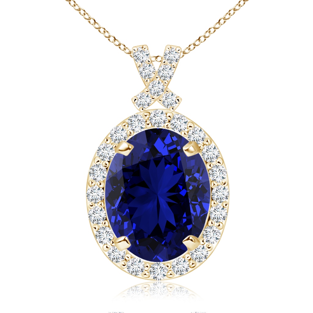 10x8mm Labgrown Lab-Grown Vintage Style Sapphire Pendant with Diamond Halo in Yellow Gold