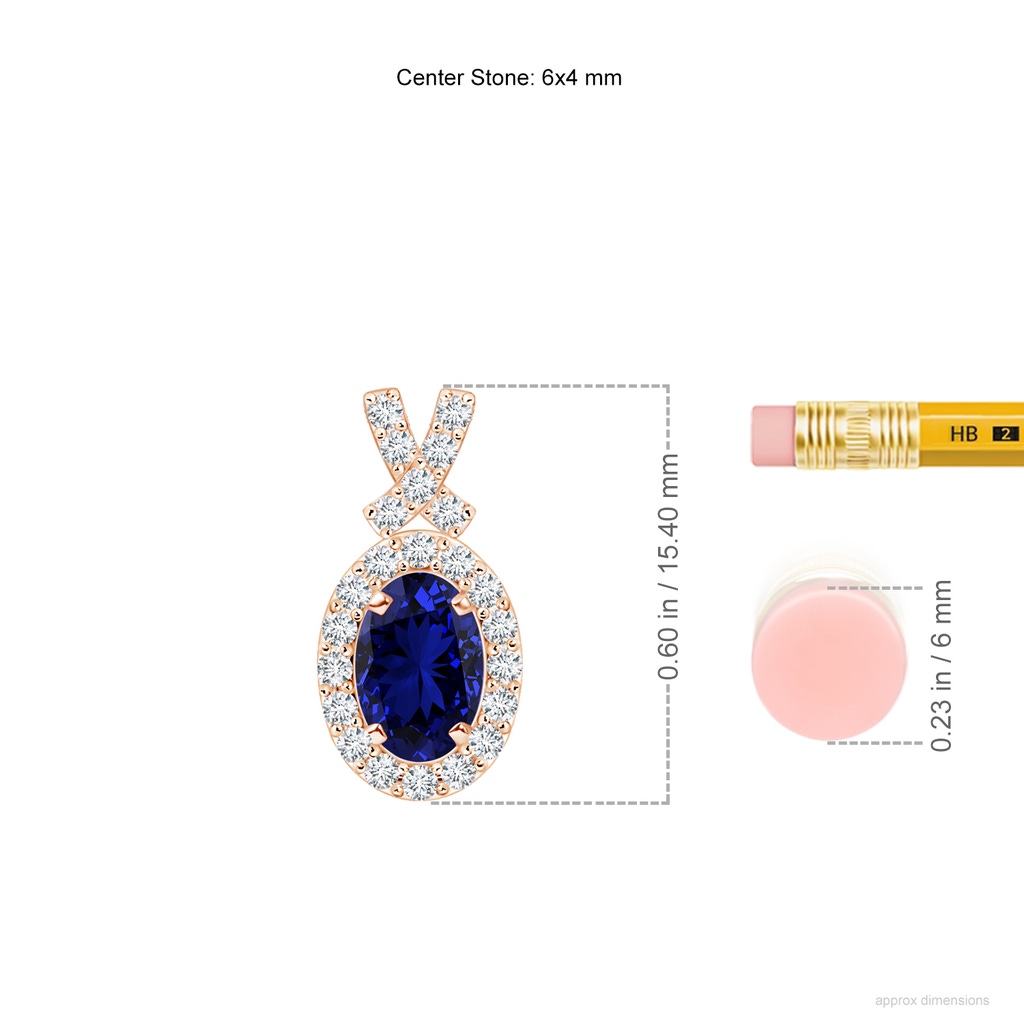 6x4mm Labgrown Lab-Grown Vintage Style Sapphire Pendant with Diamond Halo in Rose Gold ruler