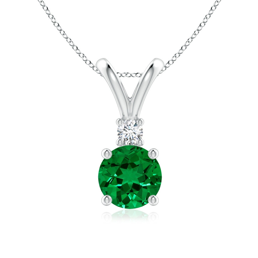 7mm Labgrown Lab-Grown Round Emerald Solitaire V-Bale Pendant with Lab Diamond in White Gold