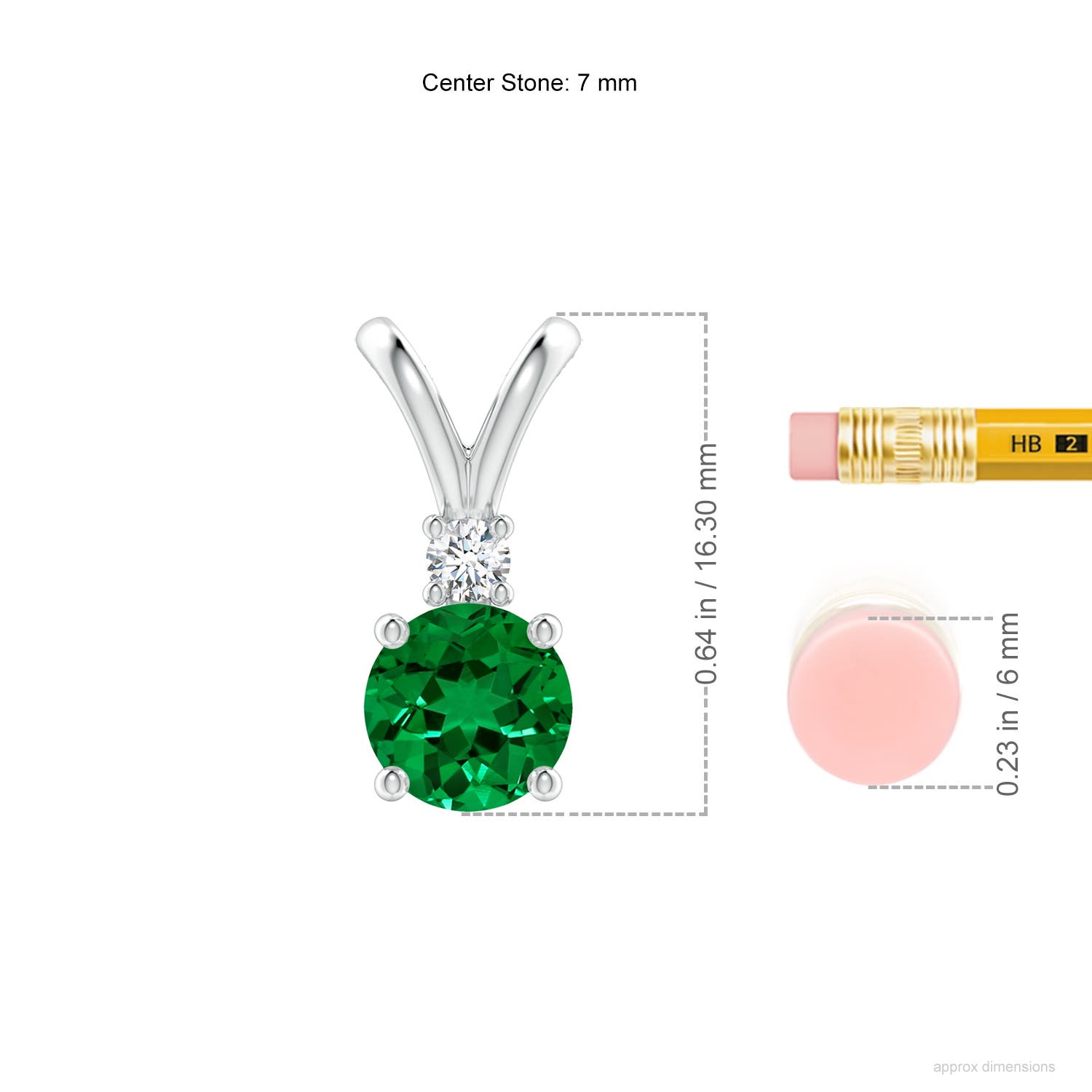 7mm Labgrown Lab-Grown Round Emerald Solitaire V-Bale Pendant with Lab Diamond in White Gold - ruler