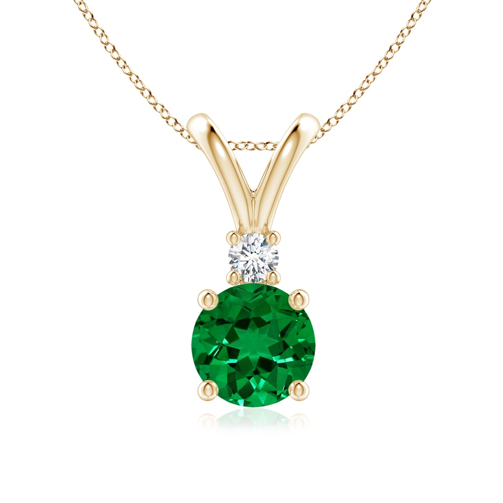 7mm Labgrown Lab-Grown Round Emerald Solitaire V-Bale Pendant with Lab Diamond in Yellow Gold