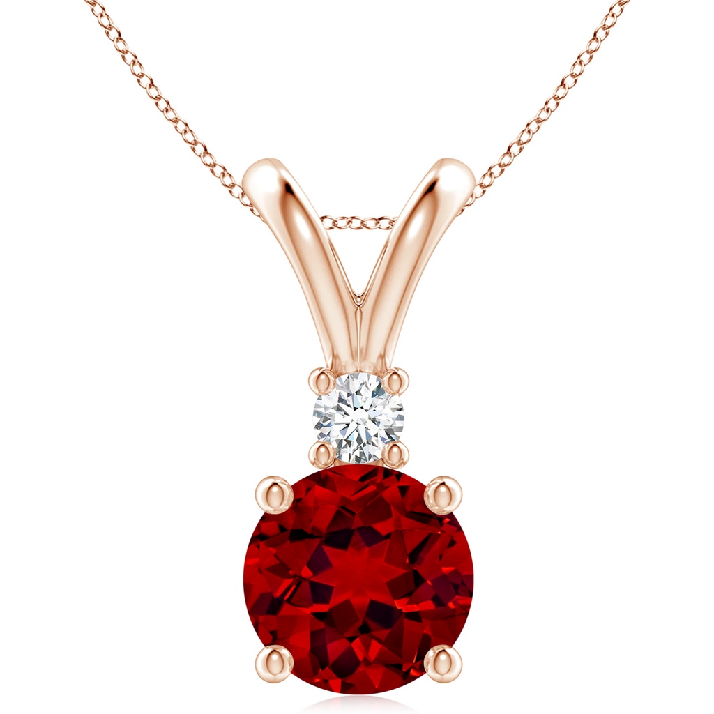 10mm Labgrown Lab-Grown Round Ruby Solitaire V-Bale Pendant with Lab Diamond in Rose Gold