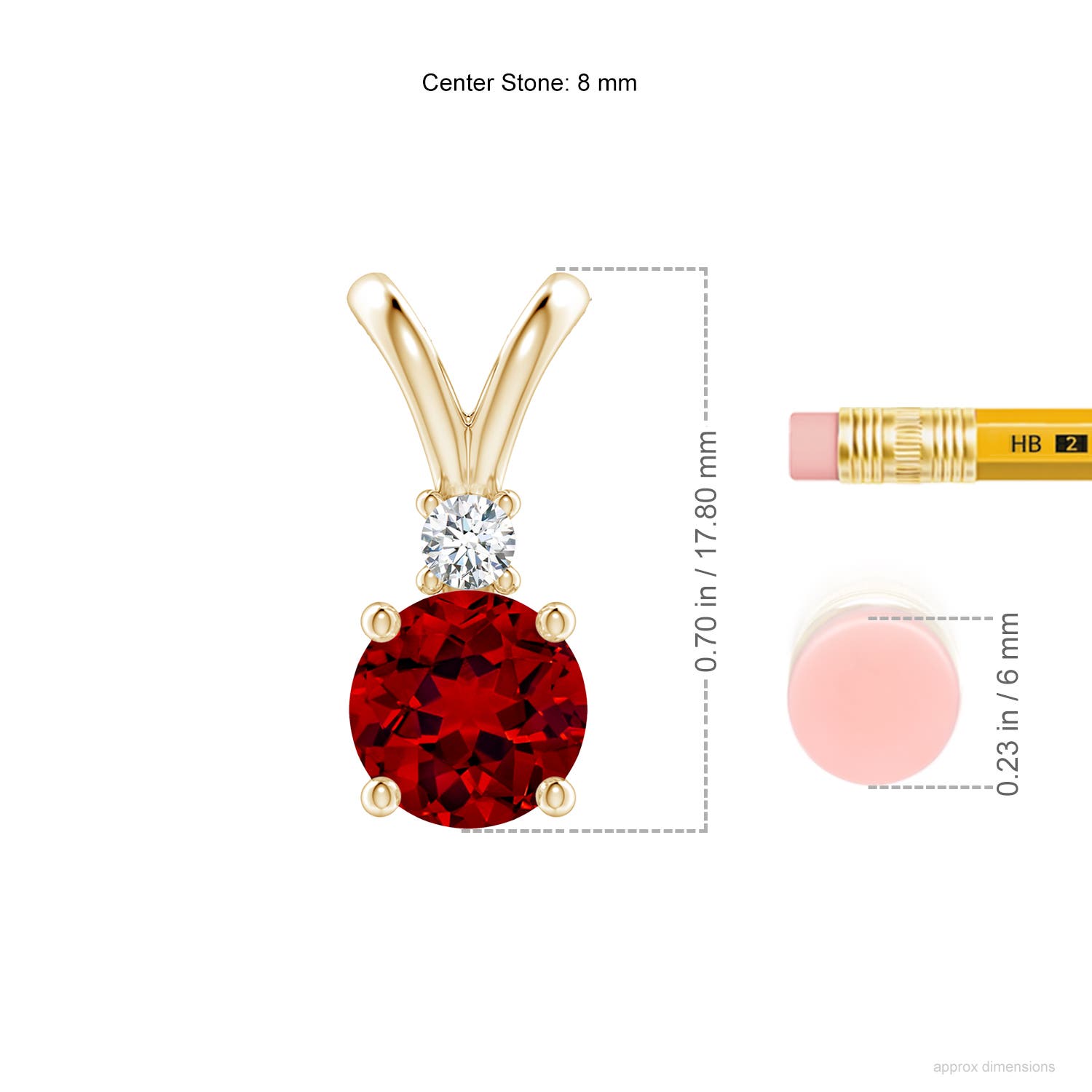 8mm Labgrown Lab-Grown Round Ruby Solitaire V-Bale Pendant with Lab Diamond in Yellow Gold - ruler