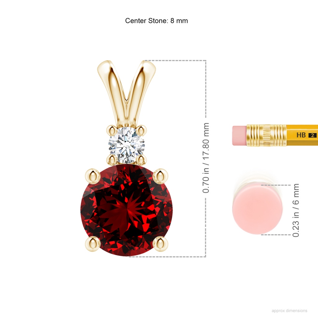8mm Labgrown Lab-Grown Round Ruby Solitaire V-Bale Pendant with Diamond in Yellow Gold ruler