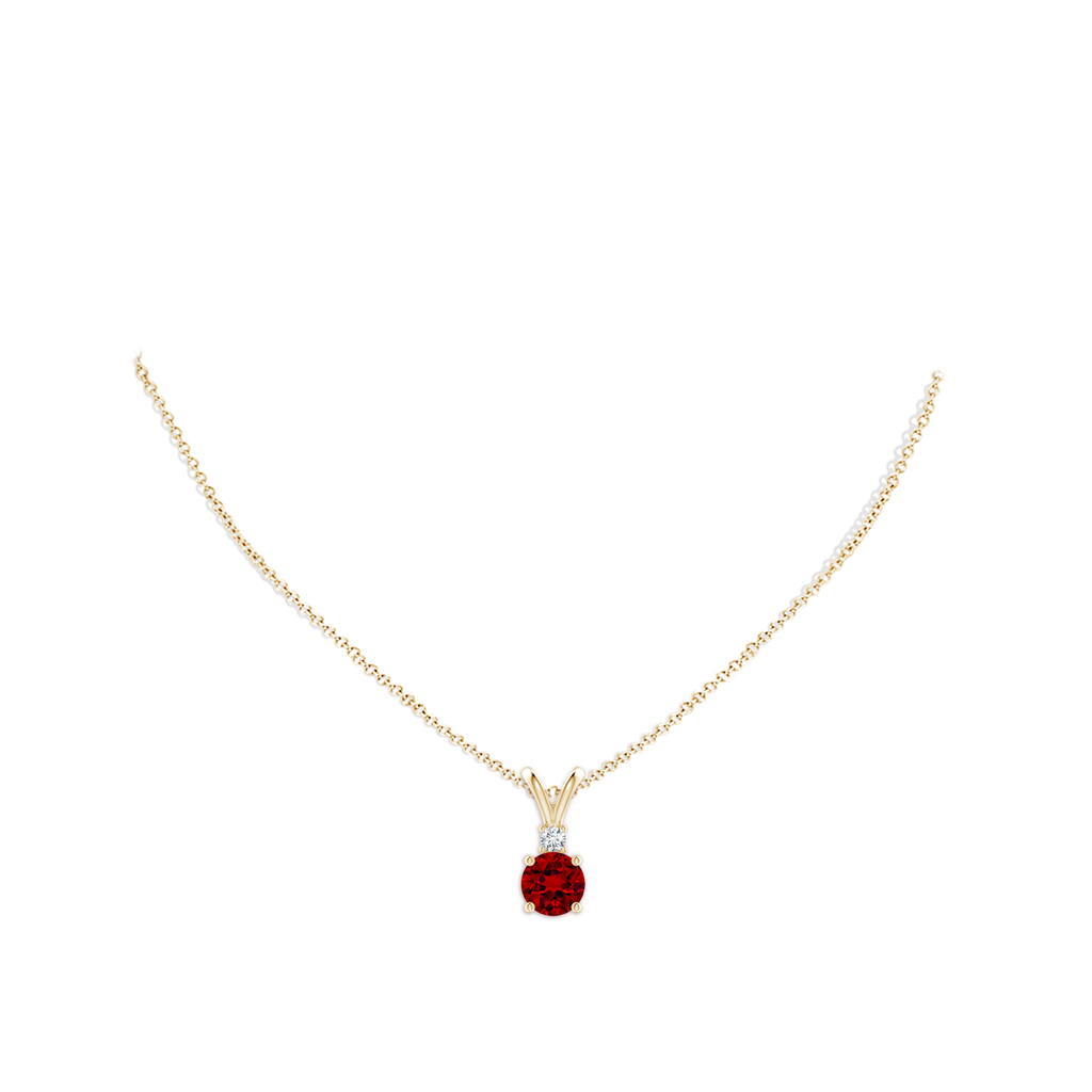 8mm Labgrown Lab-Grown Round Ruby Solitaire V-Bale Pendant with Diamond in Yellow Gold pen