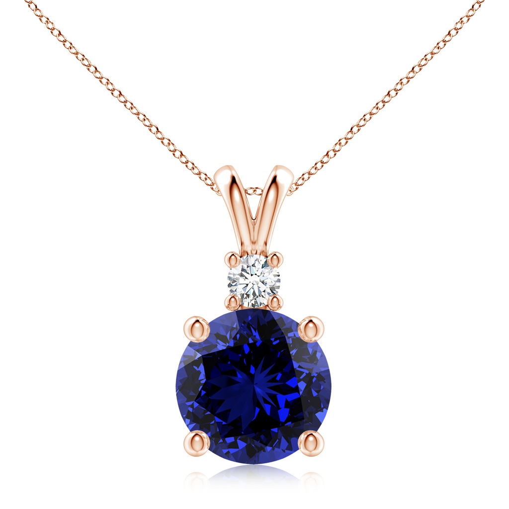 10mm Labgrown Lab-Grown Round Blue Sapphire Solitaire V-Bale Pendant with Diamond in Rose Gold