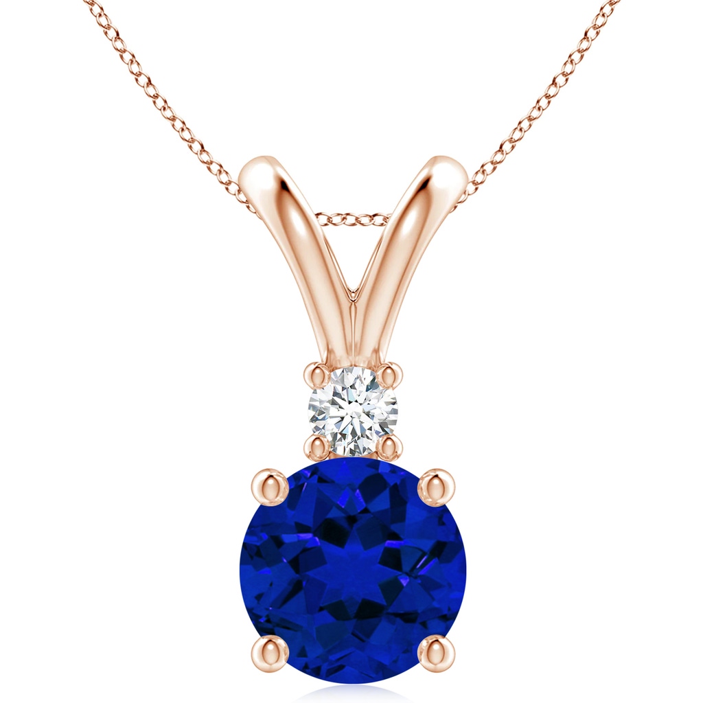 10mm Labgrown Lab-Grown Round Blue Sapphire Solitaire V-Bale Pendant with Diamond in Rose Gold