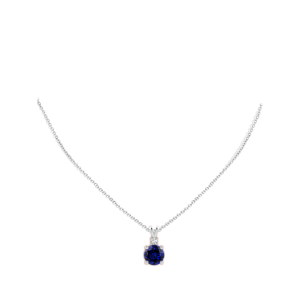 10mm Labgrown Lab-Grown Round Blue Sapphire Solitaire V-Bale Pendant with Diamond in White Gold pen