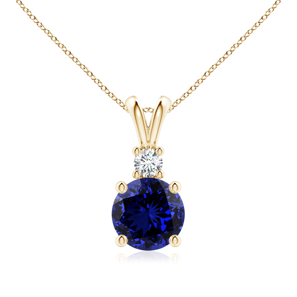 8mm Labgrown Lab-Grown Round Blue Sapphire Solitaire V-Bale Pendant with Diamond in Yellow Gold
