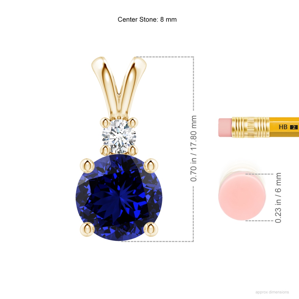 8mm Labgrown Lab-Grown Round Blue Sapphire Solitaire V-Bale Pendant with Diamond in Yellow Gold ruler