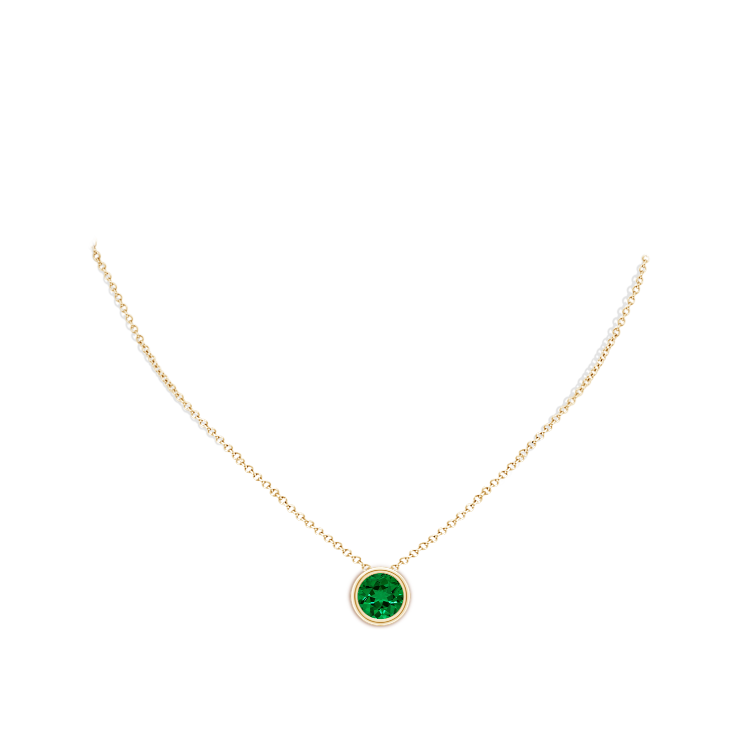 10mm Labgrown Lab-Grown Bezel-Set Round Emerald Solitaire Pendant in Yellow Gold - body_neck