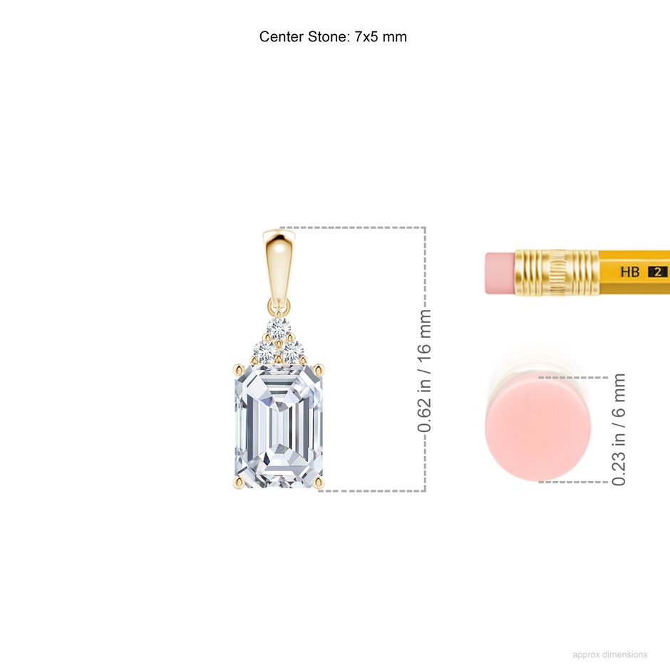 7x5mm FGVS Lab-Grown Emerald-Cut Diamond Pendant with Diamond Trio in Yellow Gold ruler